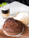 Chocolate lava cake or Molten Chocolate with fruit and vanilla ice cream