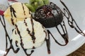chocolate lava cake set served with ice cream vanila,wiped and m Royalty Free Stock Photo