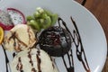 chocolate lava cake set served with ice cream vanila,wiped and m Royalty Free Stock Photo