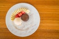 Chocolate lava cake with vanilla icecream, strawberry and banana Royalty Free Stock Photo