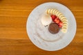 Chocolate lava cake with vanilla icecream, strawberry and banana Royalty Free Stock Photo