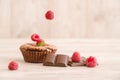 Delicious chocolate lava cake with fresh falling raspberries, mint and chocolate pieces