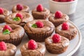 Chocolate lava cakes with fresh raspberries and mint on porcelan plate