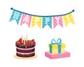 Chocolate Layered Cake with Burning Candles and Gift Box as Birthday Symbol Vector Set