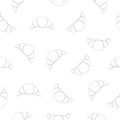 Chocolate line croissant seamless pattern. White background with linear croissant icon.