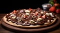 A chocolate lover's dream - a rich cocoa-infused pizza with hazelnuts and strawberries.