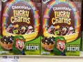 Chocolate Lucky Charms cereal on a retail store shelf