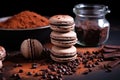 chocolate macarons with cacao nibs and powder sprinkled around