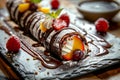 Chocolate Maki Sushi Pancake Rolls Stuffed with Fruits and Cheese Close Up, Sliced Pancake Royalty Free Stock Photo