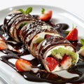 Chocolate Maki Sushi Pancake Rolls Stuffed with Fruits and Cheese Close Up, Sliced Pancake Royalty Free Stock Photo