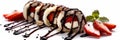 Chocolate Maki Sushi Pancake Rolls Stuffed with Fruits and Cheese Close Up, Sliced Pancake Royalty Free Stock Photo