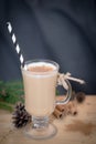 Chocolate Martini Cocktail or eggnog with cinnamon and chocolate in glass for Christmas on mahogany background