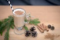 Chocolate Martini Cocktail or eggnog with cinnamon and chocolate in glass for Christmas on mahogany background