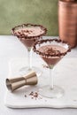 Chocolate martini in glasses with chocolate sprinkles on rim Royalty Free Stock Photo