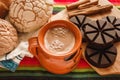 Chocolate mexicano and conchas, cup of mexican chocolate from oaxaca mexico