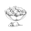 Chocolate mice candy heap in bowl, retro hand drawn vector illustration.