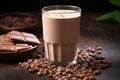 chocolate milk in a glass surrounded by raw cacao beans