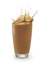 Chocolate milk or milk tea splashing out of glass isolated on white with clipping path Royalty Free Stock Photo