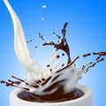 Chocolate and milk splashes on blue Royalty Free Stock Photo