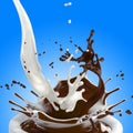 Chocolate and milk splashes on blue Royalty Free Stock Photo