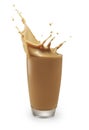 Chocolate milk or milk tea splashing out of glass isolated on white with clipping path Royalty Free Stock Photo