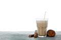 Chocolate milkshake, cookies and chocolate sticks on wooden table isolated on white background Royalty Free Stock Photo