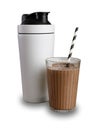 Chocolate milkshake, ingredients  and shaker with paper straw, isolated on a white backdrop Royalty Free Stock Photo