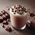 Chocolate milkshake with chocolate pieces and chocolate sauce on solid background. ai generative