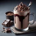 Chocolate milkshake with chocolate pieces and chocolate sauce on solid background. ai generative