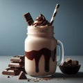 Chocolate milkshake with chocolate pieces and chocolate sauce on solid background. ai generative