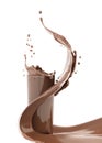 Chocolate milkshake, splash of hot chocolate with drops and spaltters in glass, sauce or syrup, glass full with cocoa drink or