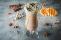 Chocolate milkshake with whipped cream and chocolate. Sweet drink with cookies Royalty Free Stock Photo