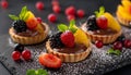 Chocolate mini pudding tarts with fruits. AI generated. Royalty Free Stock Photo