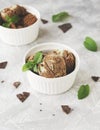 Chocolate mint ice cream in white bowls with pieces of chocolate and mint leaves on a marble table Royalty Free Stock Photo