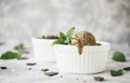 Chocolate mint ice cream in white bowls with pieces of chocolate and mint leaves on a marble table Royalty Free Stock Photo