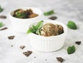 Chocolate mint ice cream in white bowls with pieces of chocolate and mint leaves on a marble table Royalty Free Stock Photo