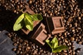 Chocolate, mint leaf, coffee dessert food premium on a dark background