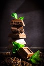 Chocolate, mint leaf, coffee dessert snack premium on a dark background