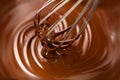 Chocolate. Mixing melted dark chocolate with a whisk. Closeup of liquid hot chocolate swirl Royalty Free Stock Photo