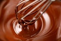 Chocolate. Mixing melted dark chocolate with a whisk. Closeup of liquid hot chocolate swirl Royalty Free Stock Photo