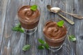 Chocolate mousse with banana, cocoa and mint in glasses