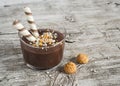 Chocolate mousse with biscuits in glass beakers