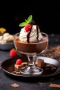 Chocolate mousse dessert on a plate in a glass. Selective focus. Royalty Free Stock Photo