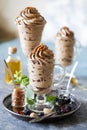 Chocolate mousse in a glass sundae dish