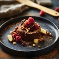 Chocolate mousse with raspberries and nuts on a plate, selective focus Royalty Free Stock Photo
