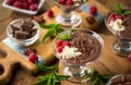 Chocolate mousse with raspberry, mint and almonds Royalty Free Stock Photo
