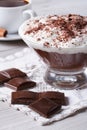 Chocolate mousse with whipped cream and coffee, vertical Royalty Free Stock Photo