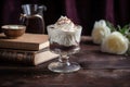 Chocolate mousse with whipped cream in a glass on a wooden background Royalty Free Stock Photo