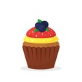 Chocolate muffin with berries, yellow and red cream. Sweet food, cupcake with frosting flat vector icon