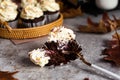 Chocolate muffin close-up in the section. Berry filling is visible. Royalty Free Stock Photo